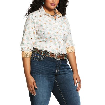 Ariat Western: Wrinkle Resist Kirby Stretch Camisa Mujer - Blancas / Multicolor (XCEYJ0382)